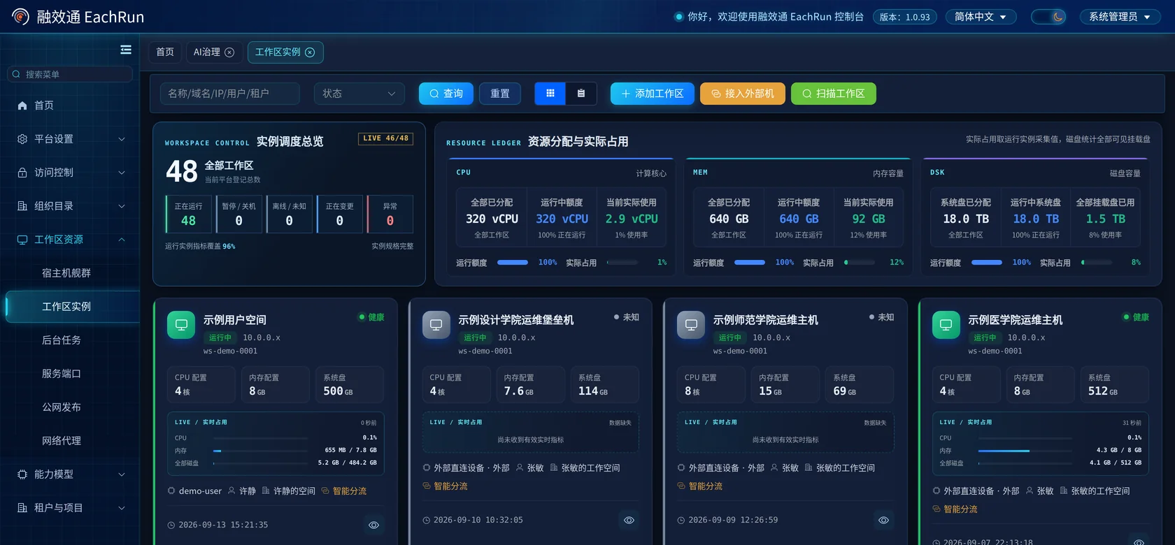 工作区实例页：实例调度总览与 CPU、内存、磁盘的已分配额度和当前实际占用对照（演示数据）